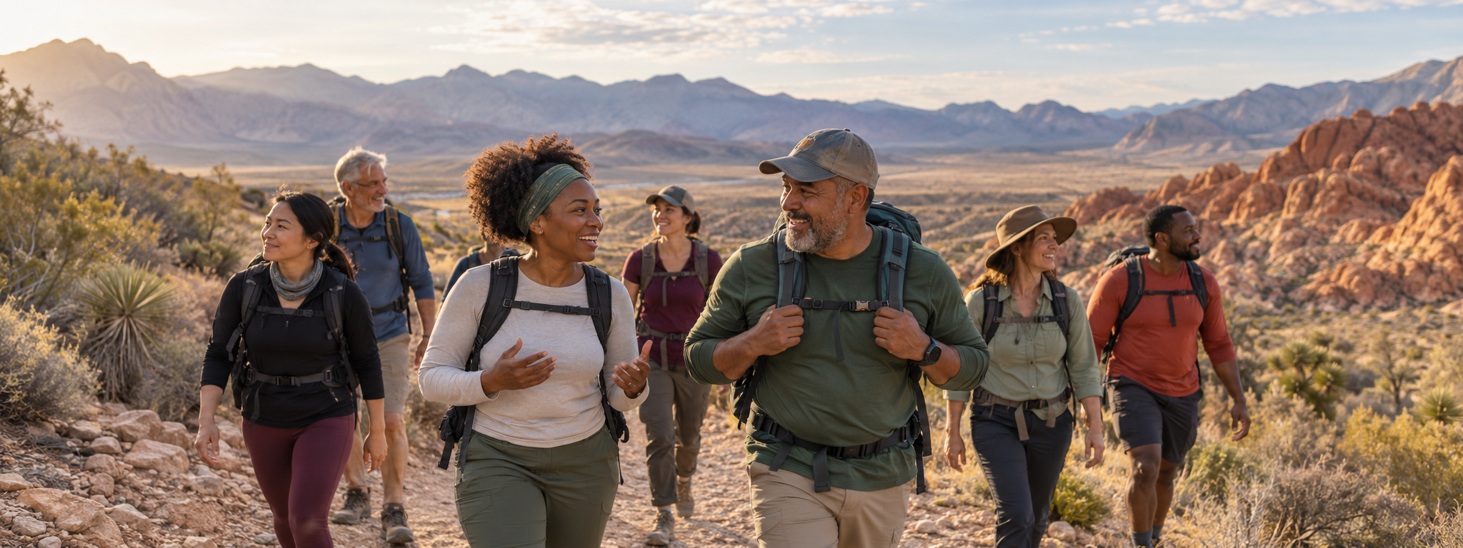 A diverse, mixed-age group walking together on a Mojave Desert trail in the morning