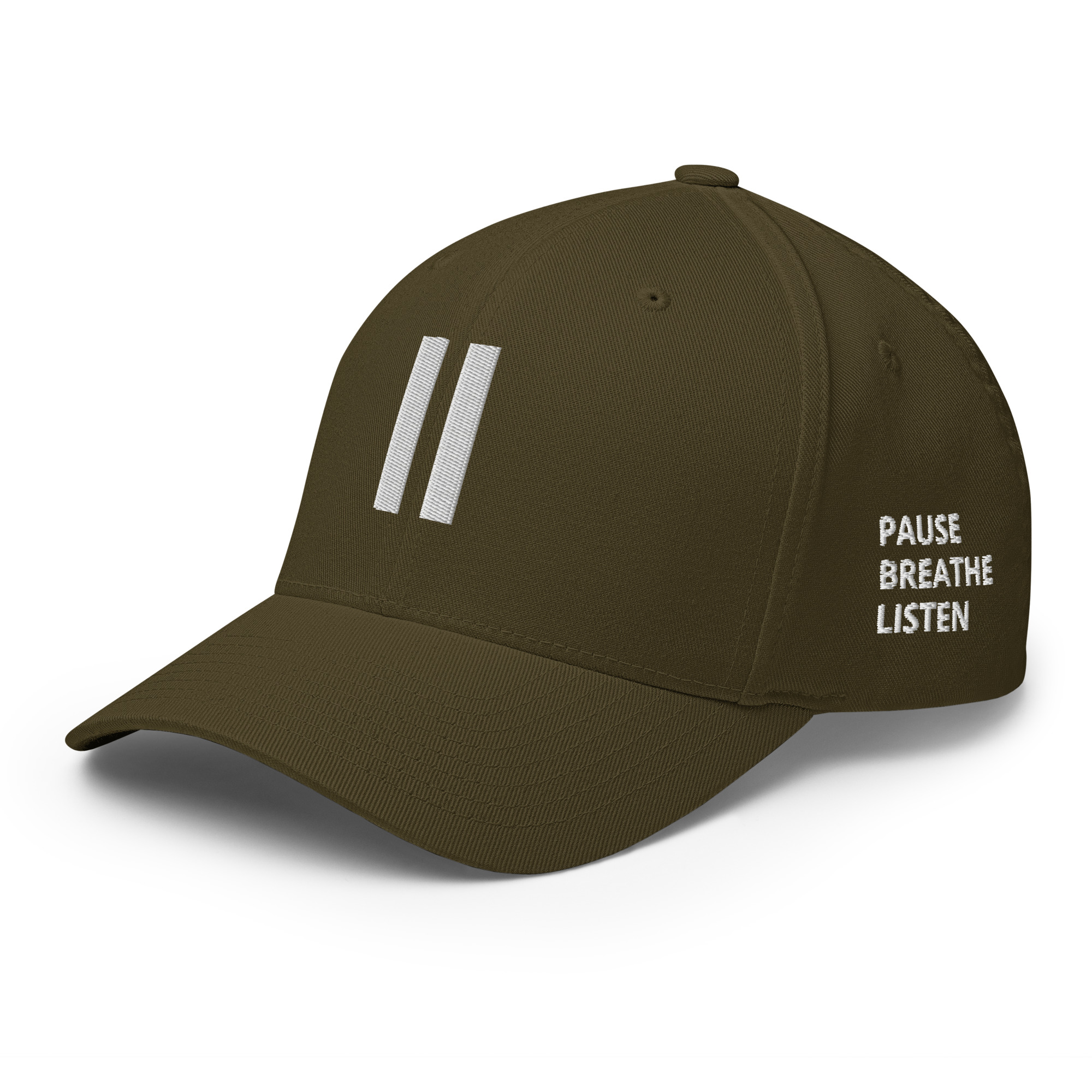 Selah Pause olive Flexfit cap, front-left view