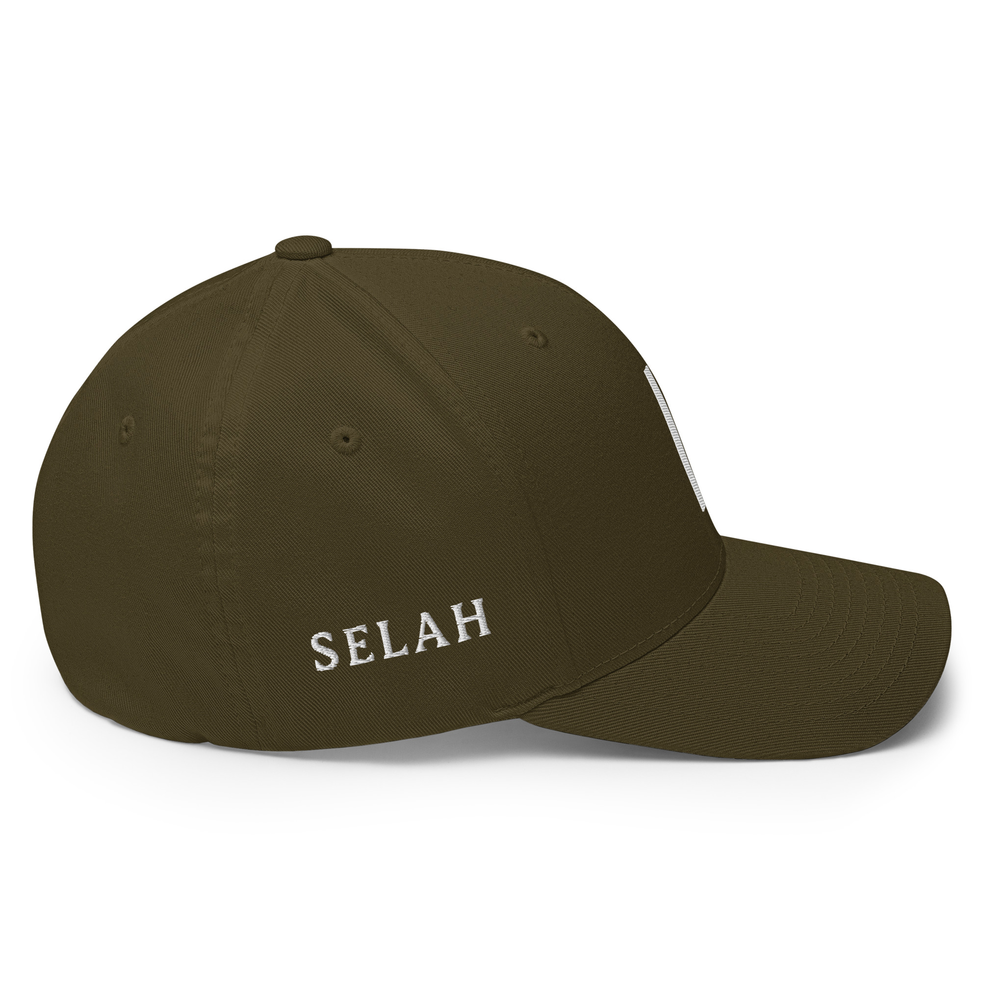 Selah Pause olive Flexfit cap, right-side view