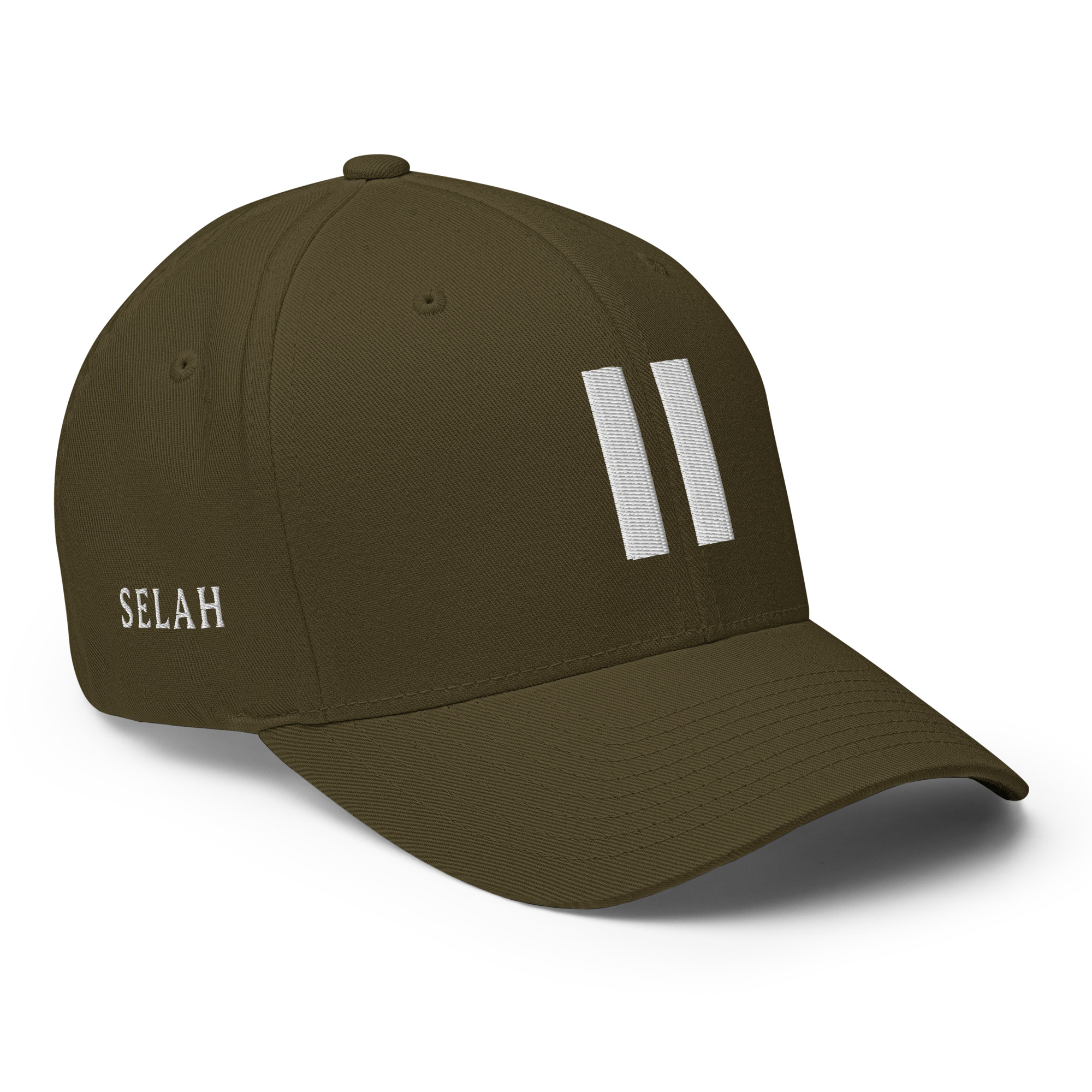 Selah Pause olive Flexfit cap, front-right view