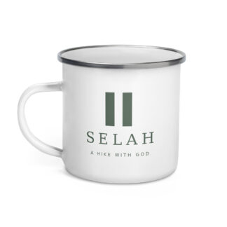 Outside Conversations white enamel mug, left-side design