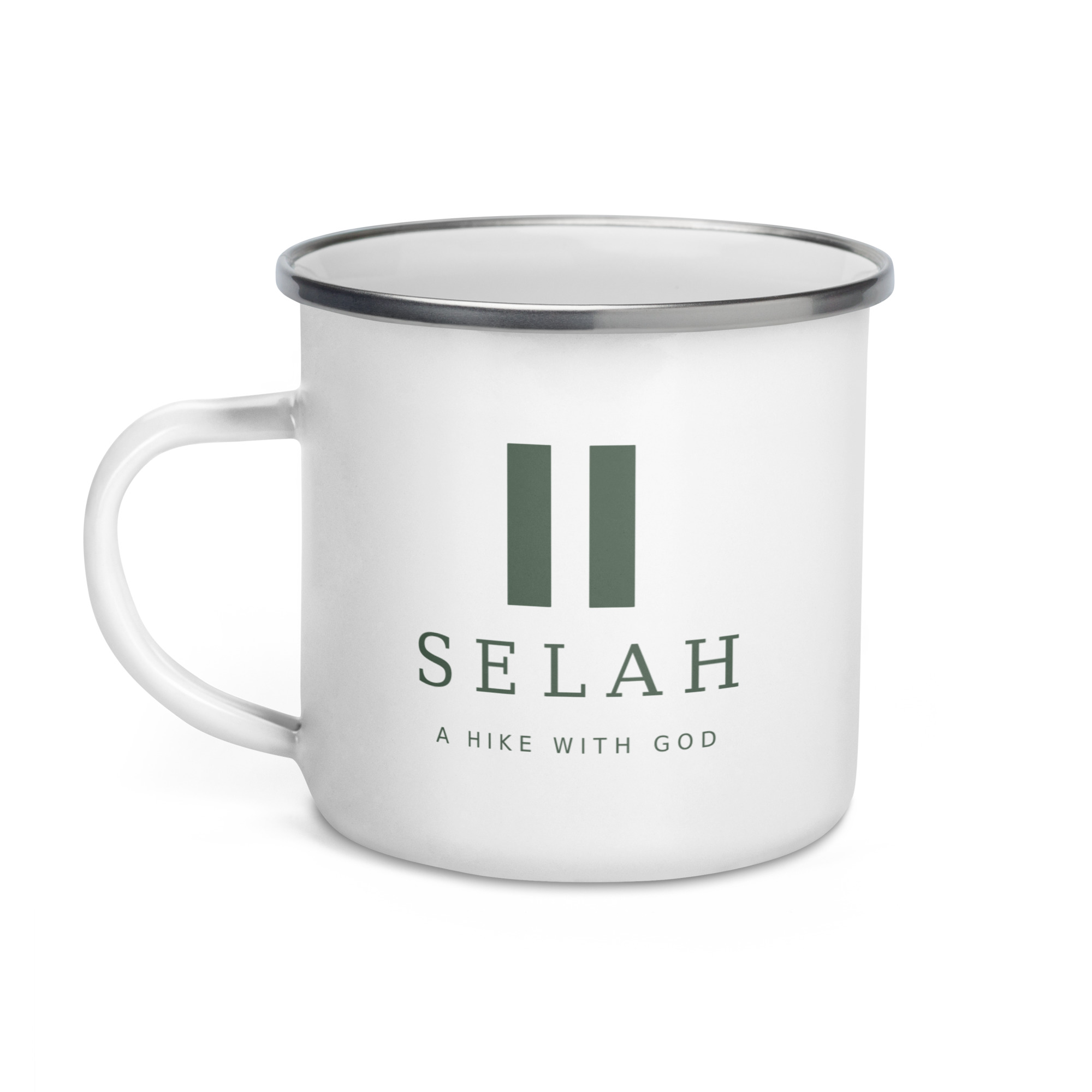 Outside Conversations white enamel mug, left-side design