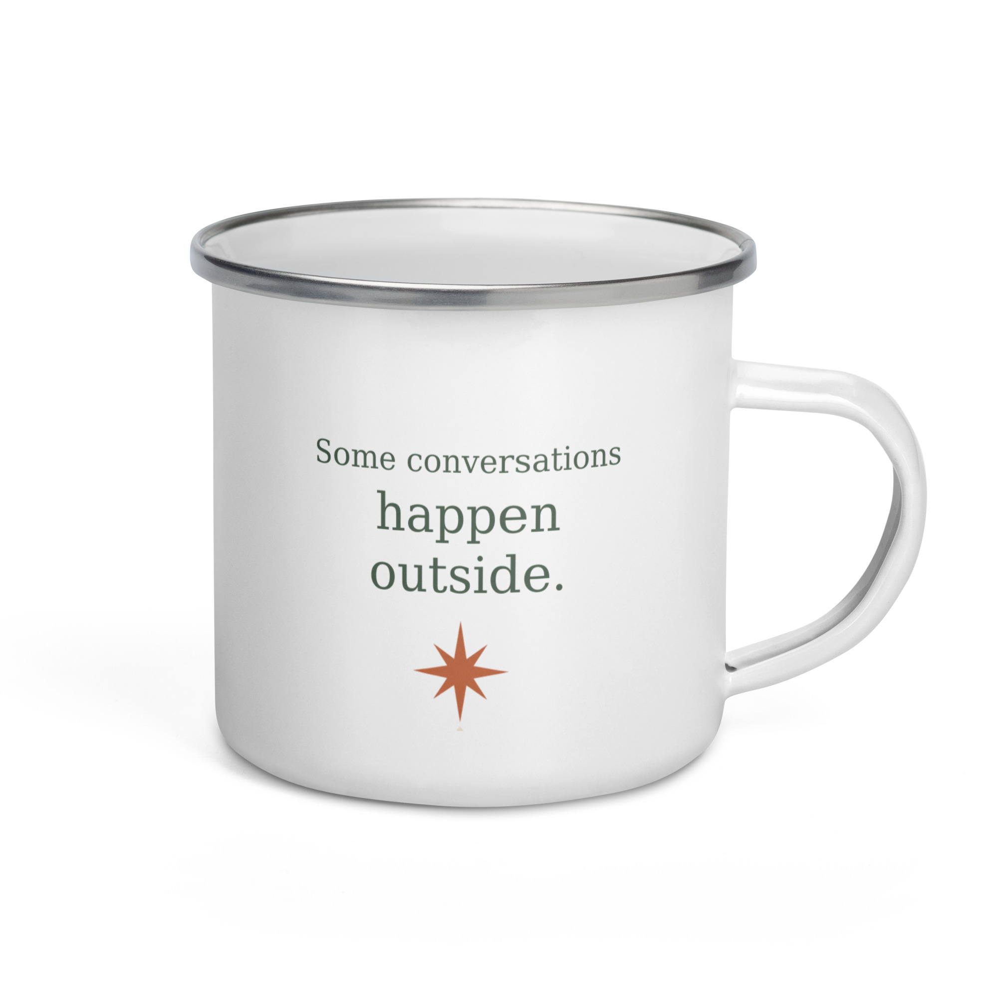 Outside Conversations white enamel mug, right-side design