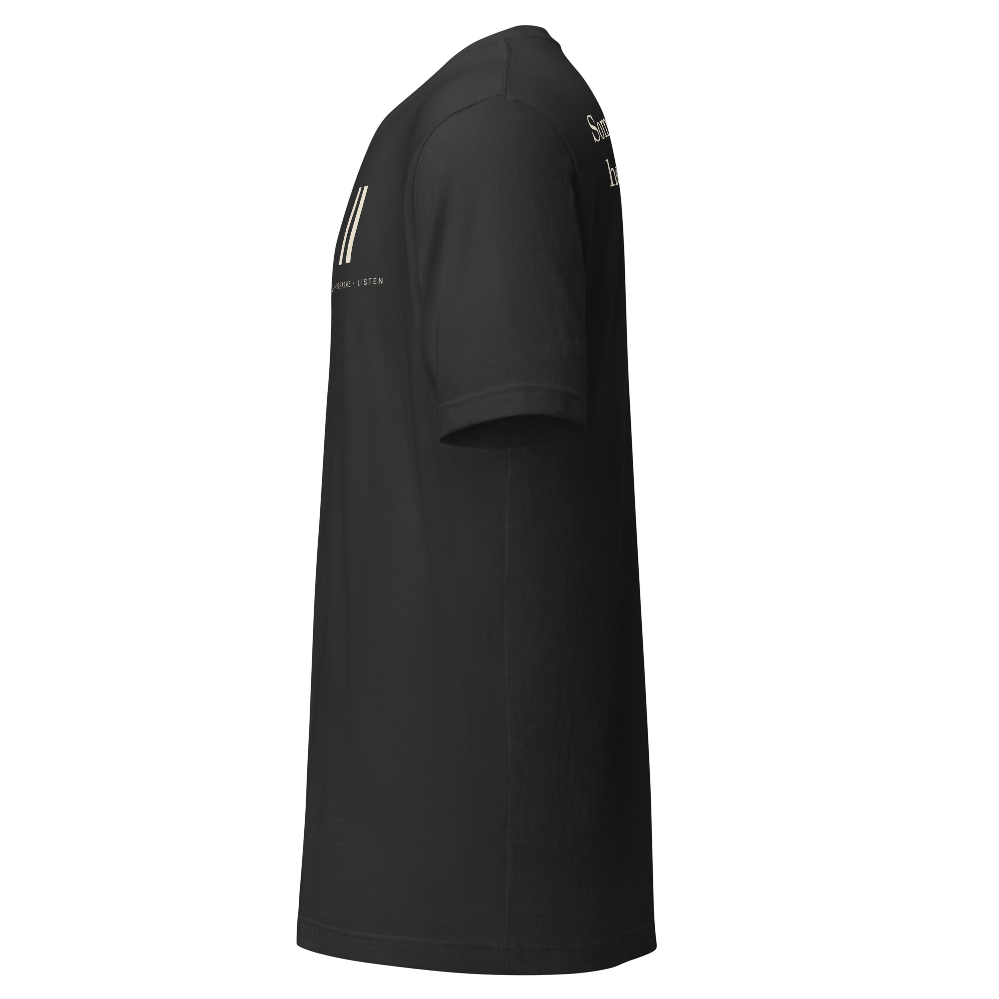 Selah Outside Conversations dark grey tee, left-side view