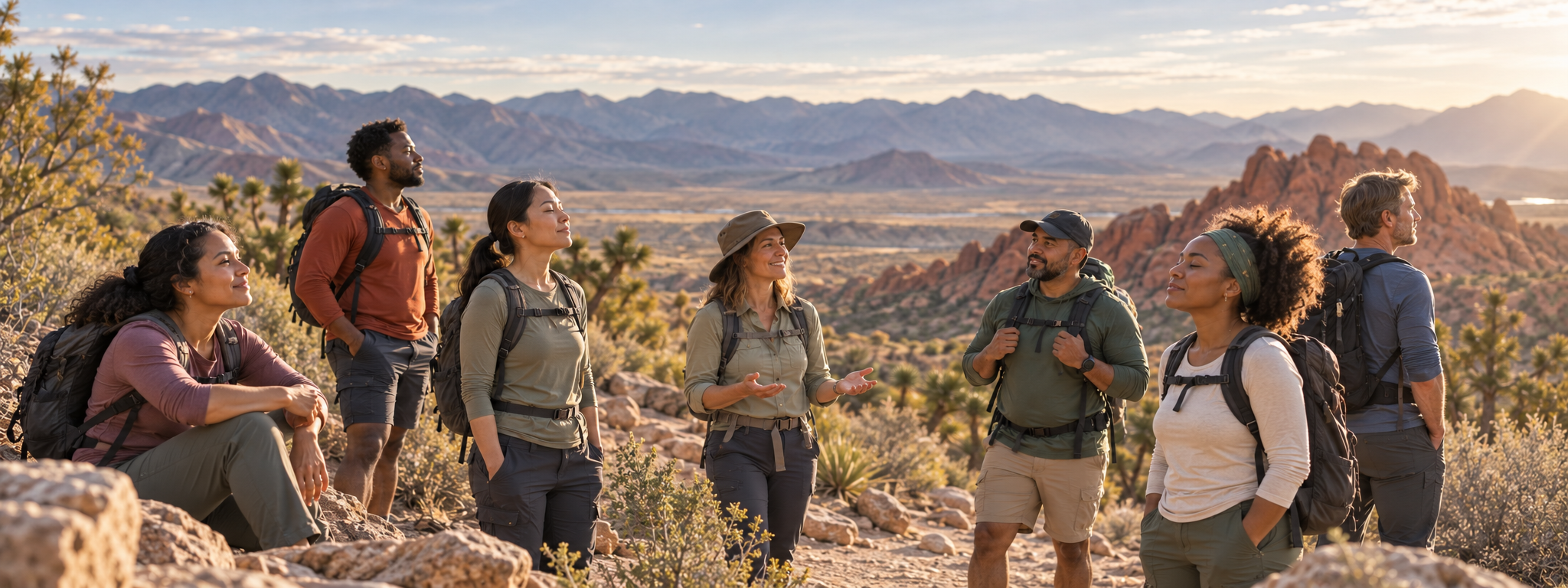 Diverse adults in their 20s through 50s pausing peacefully on a Las Vegas desert trail to breathe, listen, and share a Selah moment.
