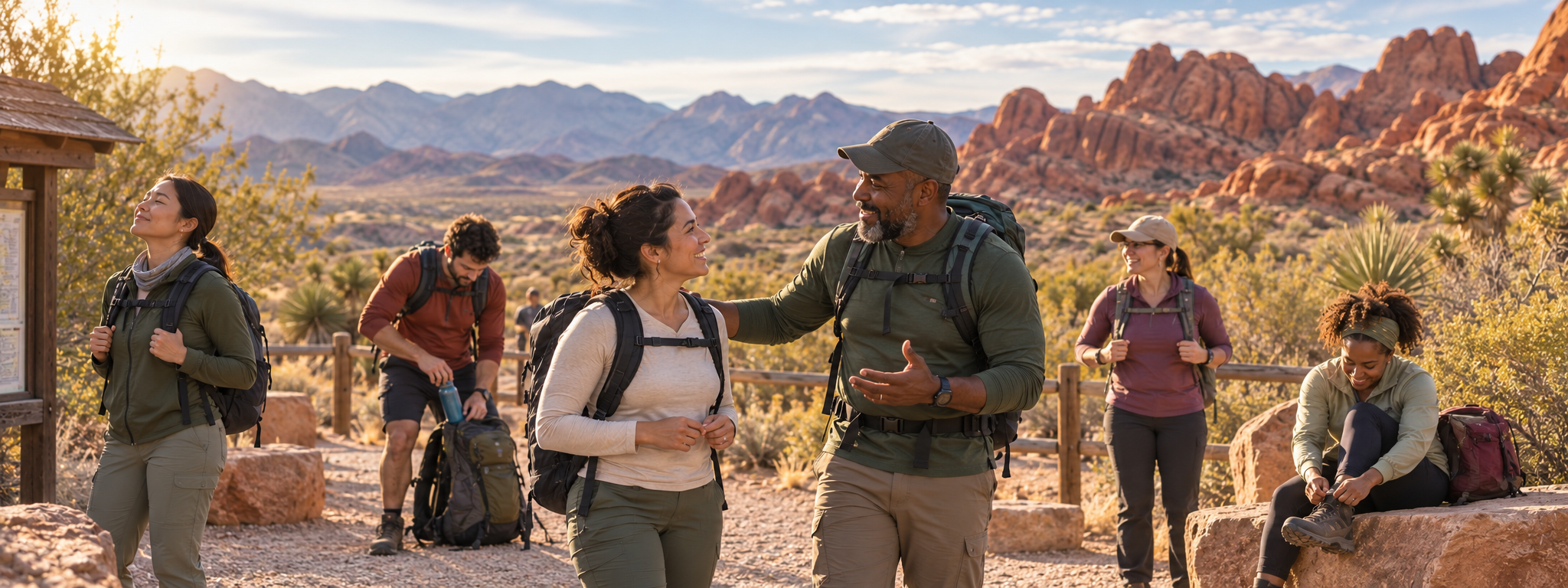 Diverse adults in their 20s through 50s calmly preparing together at a Las Vegas desert trailhead before their first A Hike With God walk.