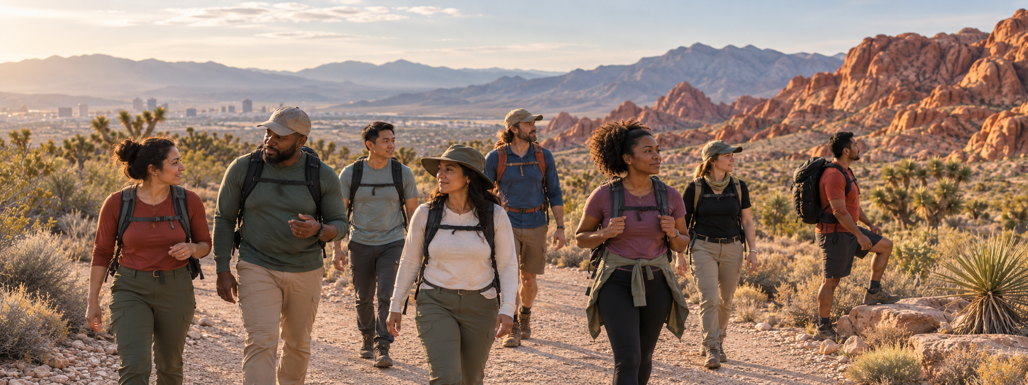 A diverse group of adults in their 20s through 50s walking together at an unhurried pace on a Las Vegas desert trail.